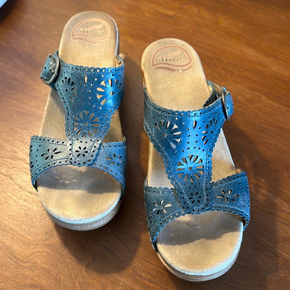 Dansko Blue Laser Cut Leather Slip on Sandals size 37